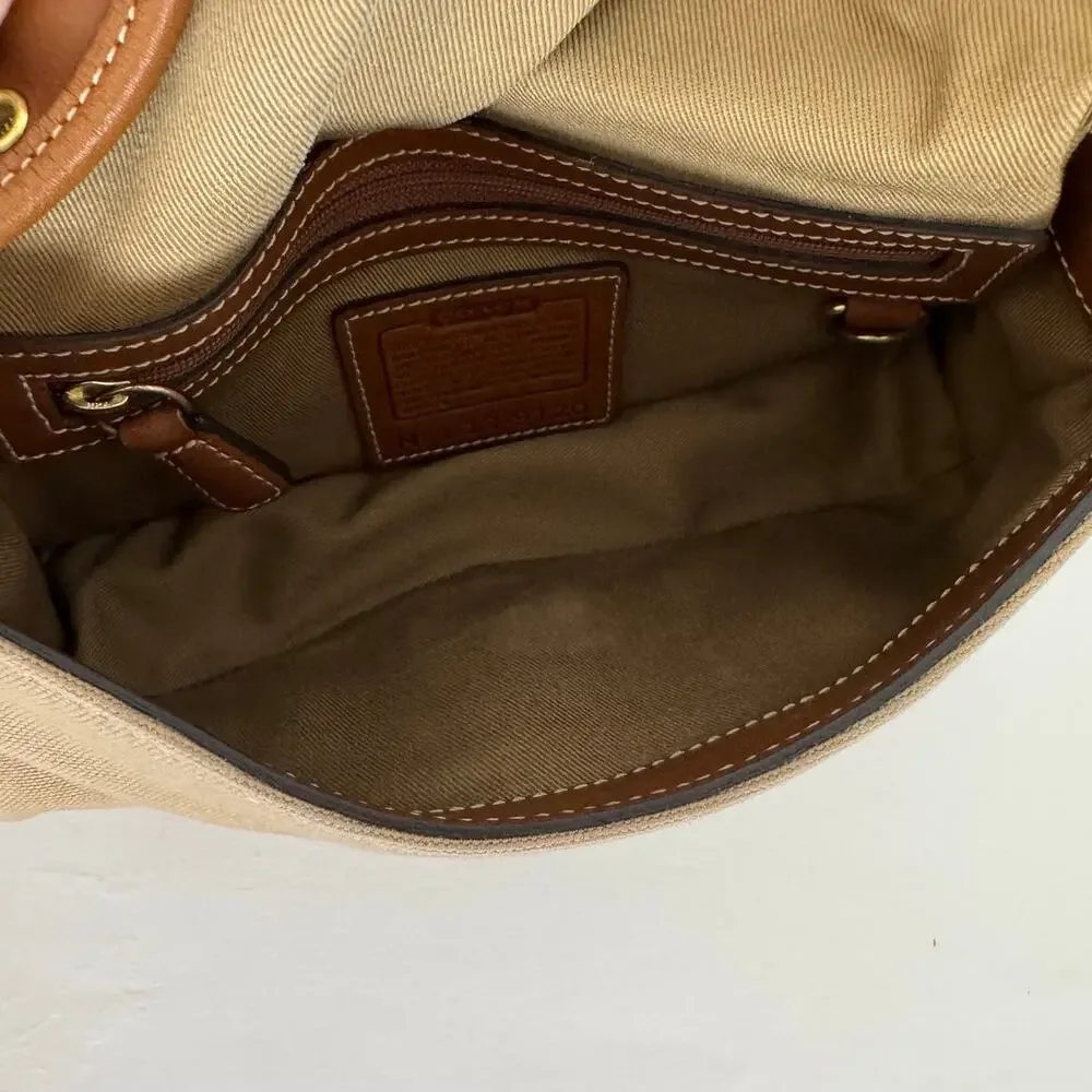 Coach Legacy Demi Flap Shoulder Bag Tan Canvas Brown Leather Trim 9120
